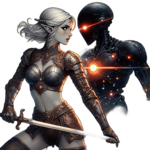 sword, comic book art, concept art, fantasy art, cyberpunk, fire, dark, armored transparent PNG cut-out