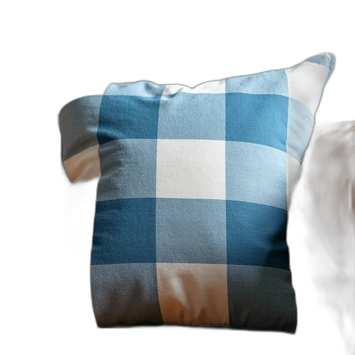 furniture, 3d render, photorealistic, blue, white, checkered, pillow, placed transparent PNG cut-out
