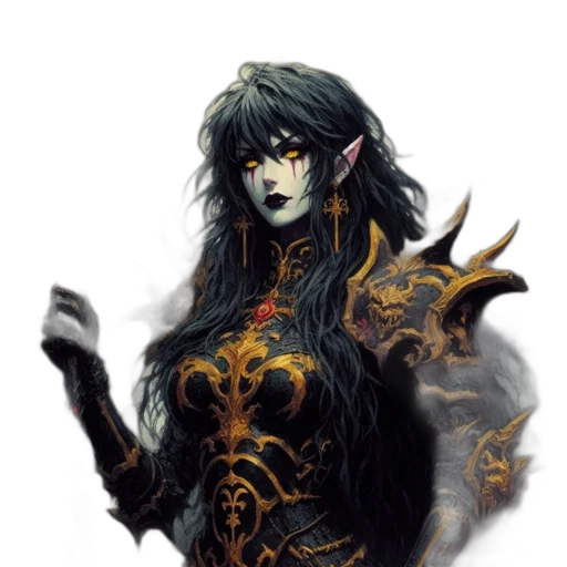 fantasy art, concept art, comic book art, pixel art, dark, monochrome, golden, dark-haired transparent PNG cut-out