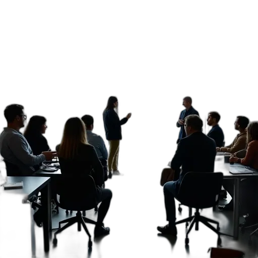 staff, group, people, gathered, room, large, windows, some transparent PNG cut-out