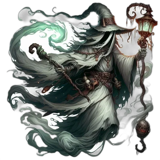 staff, creature, mask, concept art, fantasy art, comic book art, pixel art, fog transparent PNG cut-out