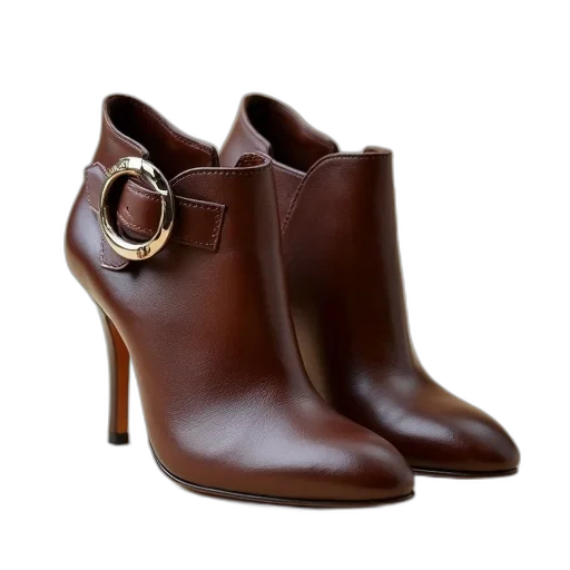 shoes, pair, brown, leather, high-heeled, decorative, buckle, left transparent PNG cut-out