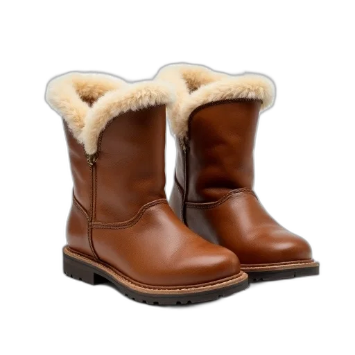 shoes, pair, brown, leather, boots, fluffy, fur, lining transparent PNG cut-out