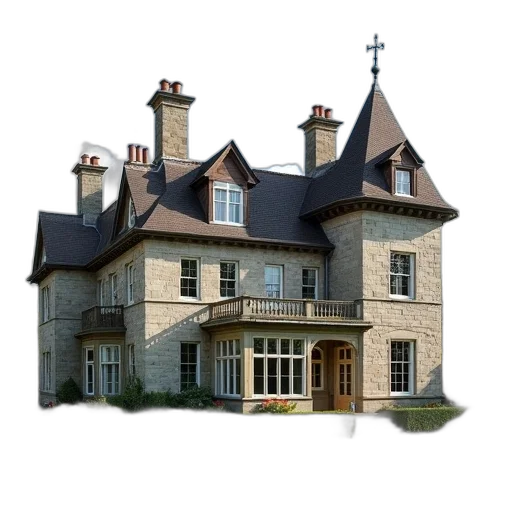 building, 3d render, photorealistic, large, multi-story, stone, multiple, chimneys transparent PNG cut-out
