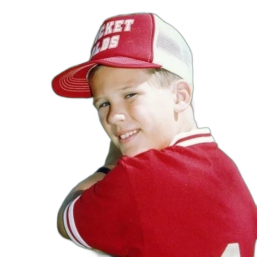 young, boy, red, baseball, jersey, hat, holds, bat transparent PNG cut-out