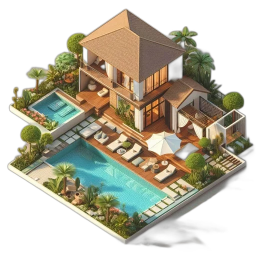 building, 3d render, concept art, photorealistic, pixel art, earth tones, modern, tropical transparent PNG cut-out