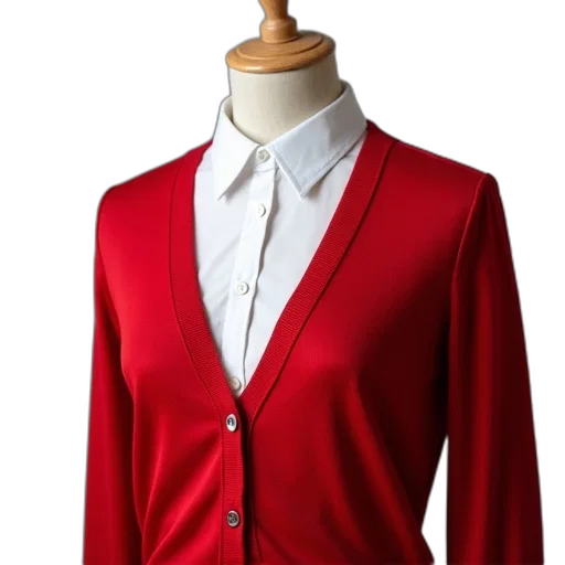 jacket, dress, red, mannequin, wearing, cardigan, over, white transparent PNG cut-out