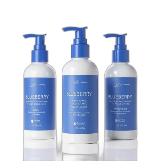 three, identical, bottles, blueberry, facial, cleanser, displayed, against transparent PNG cut-out