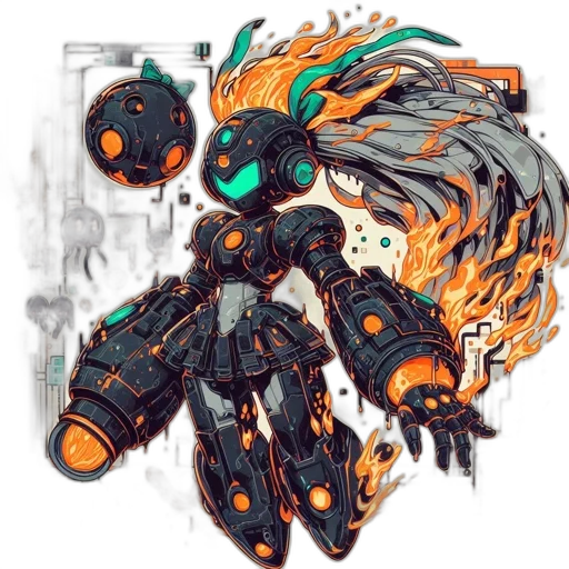 robot, weapon, concept art, cyberpunk, pixel art, fantasy art, fire, monochrome transparent PNG cut-out