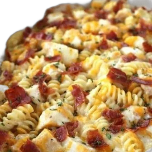 food, photorealistic, baked, pasta, dish, fusilli, noodles, bacon transparent PNG cut-out