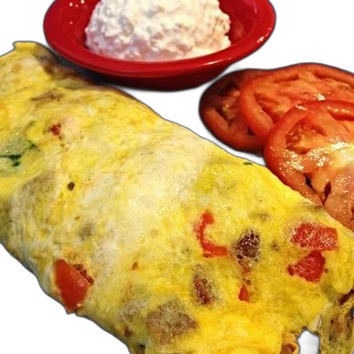 food, delicious, omelette, tomatoes, side, cottage, cheese, blue transparent PNG cut-out