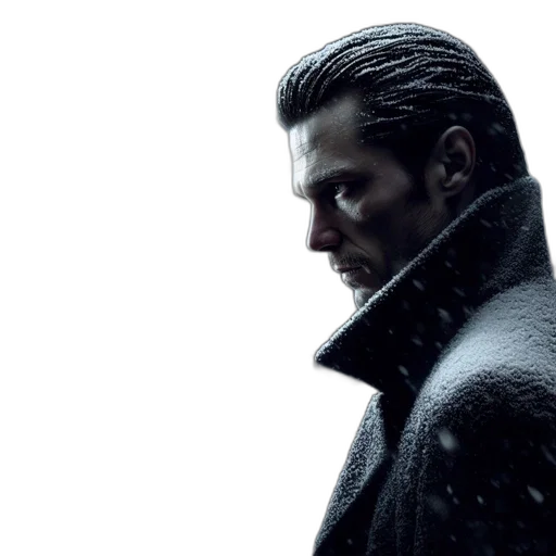 jacket, face, hair, photorealistic, concept art, cyberpunk, snow, snowstorm transparent PNG cut-out