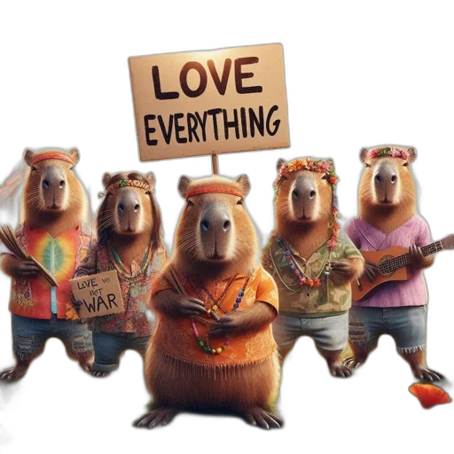 concept art, forest, dawn, dusk, capybaras, colorful, attire, gather transparent PNG cut-out