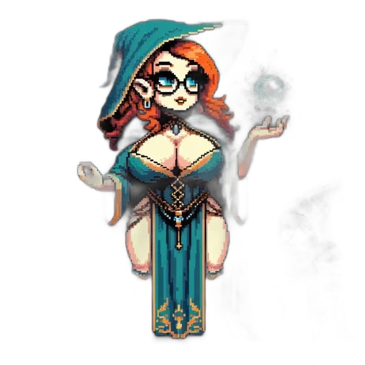 dress, staff, fantasy art, concept art, pixel art, comic book art, fire, green transparent PNG cut-out
