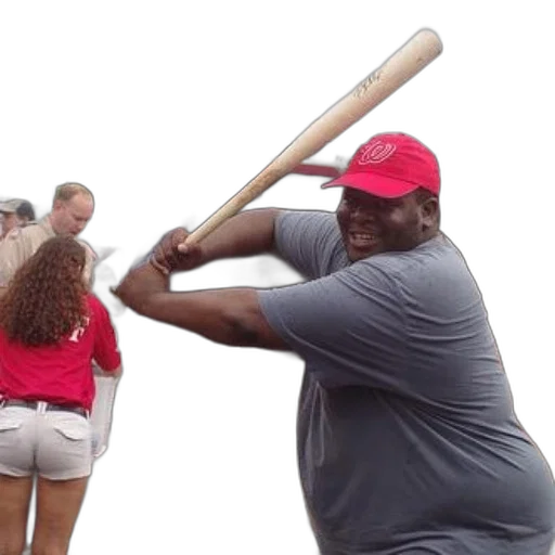 weapon, sword, staff, man, red, hat, gray, shirt transparent PNG cut-out