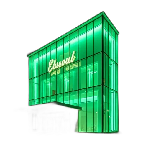 building, furniture, 3d render, neon lights, green, modern, glass, facade transparent PNG cut-out