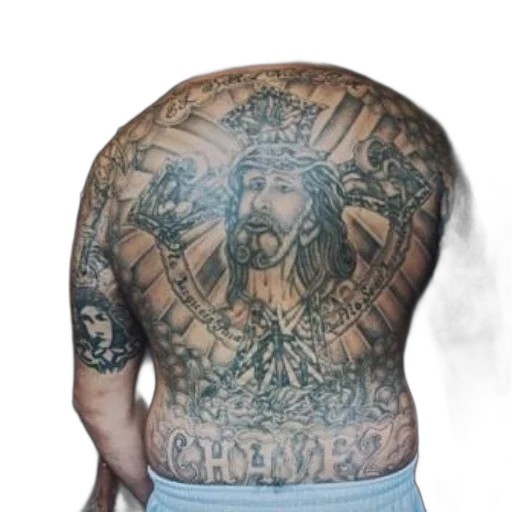 jacket, photorealistic, man, large, tattoo, jesus, his, back transparent PNG cut-out