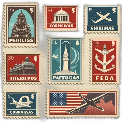 red, set, different, postal, stamps, retro, style, stock transparent PNG cut-out