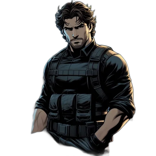 jacket, weapon, comic book art, concept art, pixel art, cartoon, determined, male transparent PNG cut-out