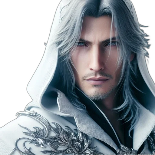 fantasy art, concept art, photorealistic, intense, male, figure, silver, hair transparent PNG cut-out