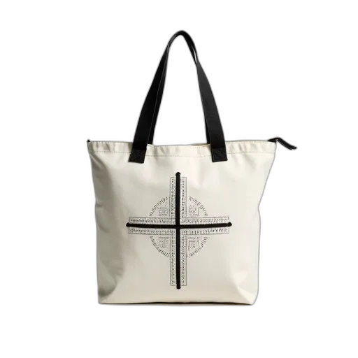 3d render, photorealistic, white, tote, bag, black, cross-stitch, pattern transparent PNG cut-out