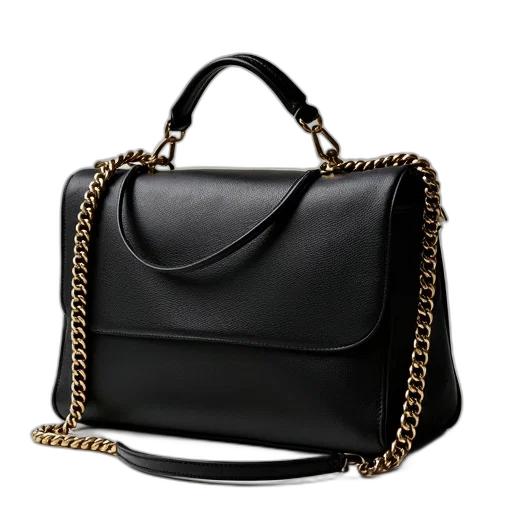 black, leather, handbag, textured, surface, gold-tone, chain, handle transparent PNG cut-out