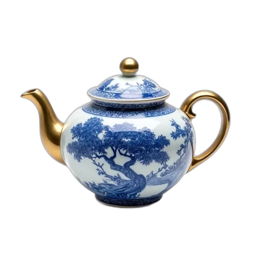 photorealistic, 3d render, ceramic, teapot, blue, white, pattern, featuring transparent PNG cut-out