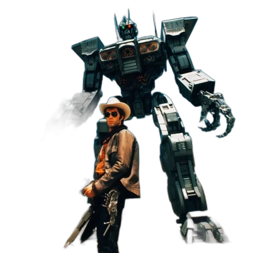 robot, weapon, concept art, pixel art, fantasy art, watercolor, man, stands transparent PNG cut-out