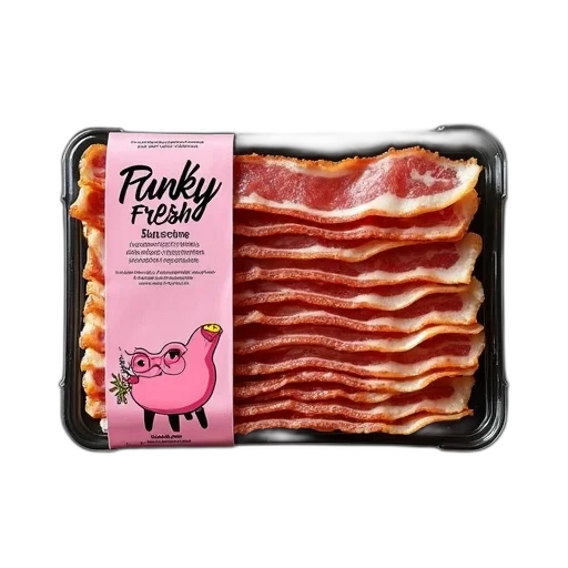 food, animal, package, bacon, slices, displayed, black, background transparent PNG cut-out