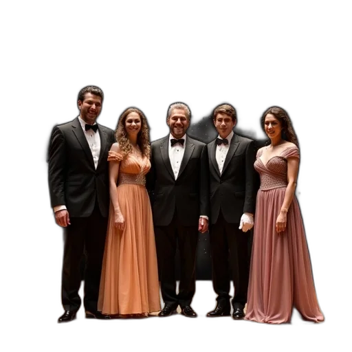 staff, dress, group, five, people, standing, stage, starry transparent PNG cut-out