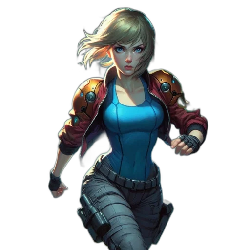 jacket, concept art, comic book art, fantasy art, cyberpunk, blue, woman, futuristic transparent PNG cut-out