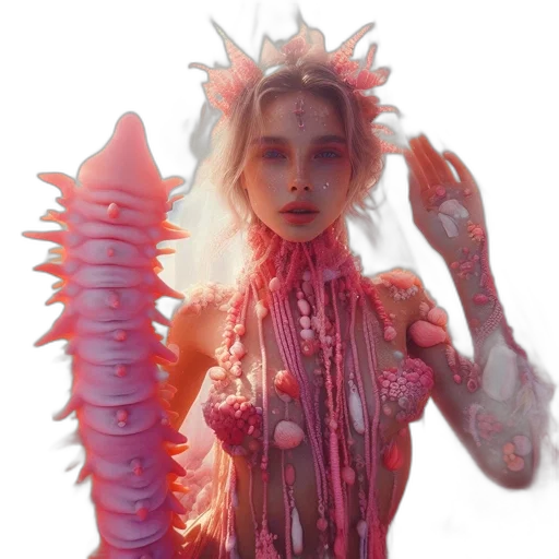creature, dress, jewelry, staff, concept art, fantasy art, 3d render, vaporwave transparent PNG cut-out