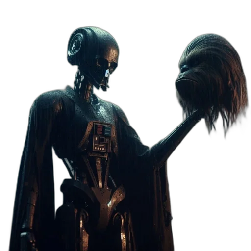 robot, creature, mask, staff, concept art, 3d render, outer space, humanoid transparent PNG cut-out