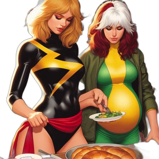 food, comic book art, concept art, golden, two, women, kitchen, one transparent PNG cut-out