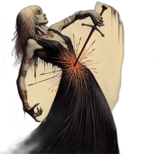 dress, sword, concept art, fantasy art, comic book art, photorealistic, fire, woman transparent PNG cut-out