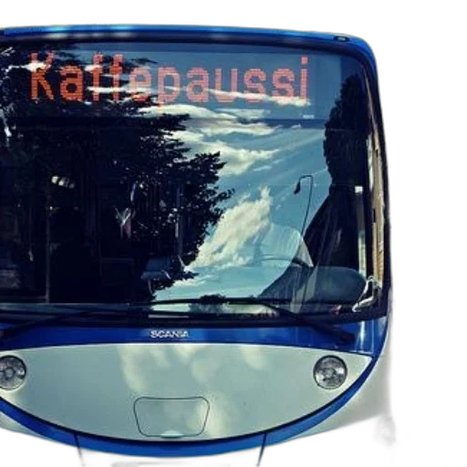 car, photorealistic, 3d render, blue, bus, word, kaffepaussi, displayed transparent PNG cut-out