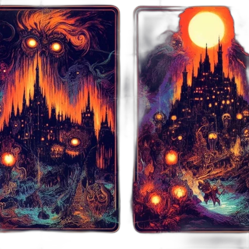 fantasy art, concept art, comic book art, night, fire, outer space, two, scenes transparent PNG cut-out