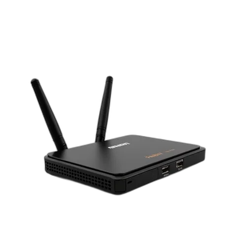 crown, black, wireless, router, two, antennas, displayed, against transparent PNG cut-out