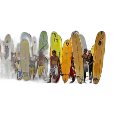3d render, concept art, photorealistic, beach, earth tones, group, surfers, stand transparent PNG cut-out