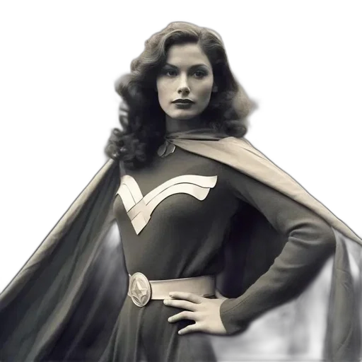 comic book art, photorealistic, concept art, woman, vintage, superhero, costume, long transparent PNG cut-out