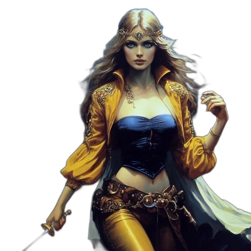 sword, fantasy art, comic book art, concept art, photorealistic, golden, woman, wearing transparent PNG cut-out
