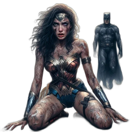 comic book art, concept art, fantasy art, photorealistic, wonder, woman, kneels, distress transparent PNG cut-out