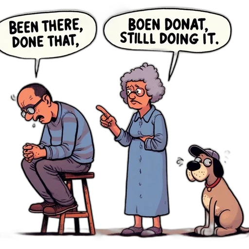 concept art, fire, elderly, couple, dog, interact, humorous, comic transparent PNG cut-out