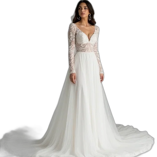 dress, white, bridal, long, sleeves, lace, top transparent PNG cut-out