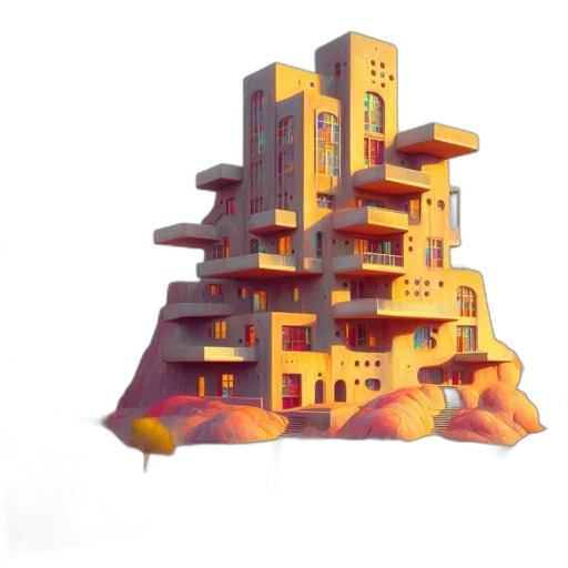 building, concept art, 3d render, pixel art, fantasy art, fire, outer space, golden transparent PNG cut-out