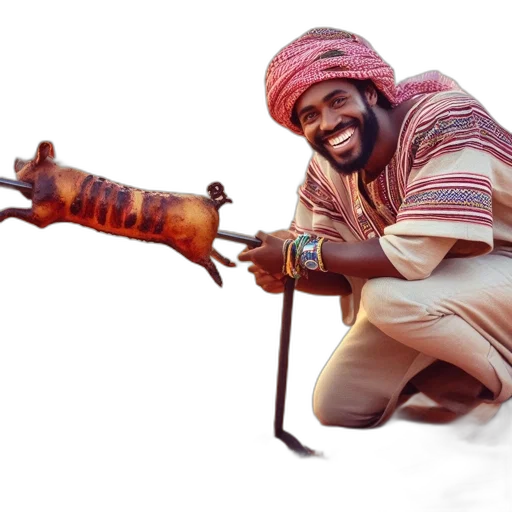 animal, weapon, man, traditional, attire, cooks, pig, over transparent PNG cut-out