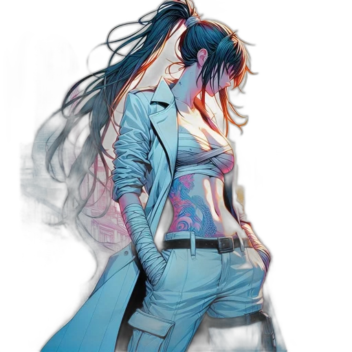 jacket, dress, concept art, cyberpunk, comic book art, watercolor, neon lights, fire transparent PNG cut-out