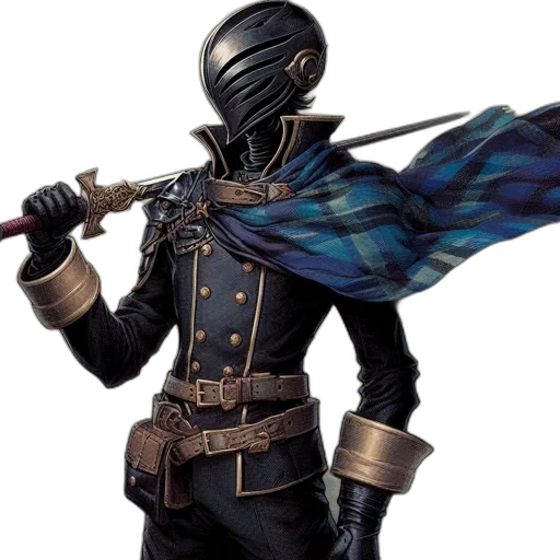 sword, mask, jacket, staff, concept art, fantasy art, dark, figure transparent PNG cut-out