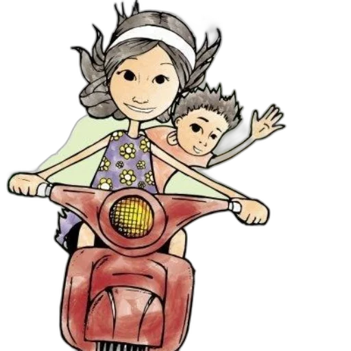 cartoon, concept art, photorealistic, illustration, woman, child, riding, scooter transparent PNG cut-out