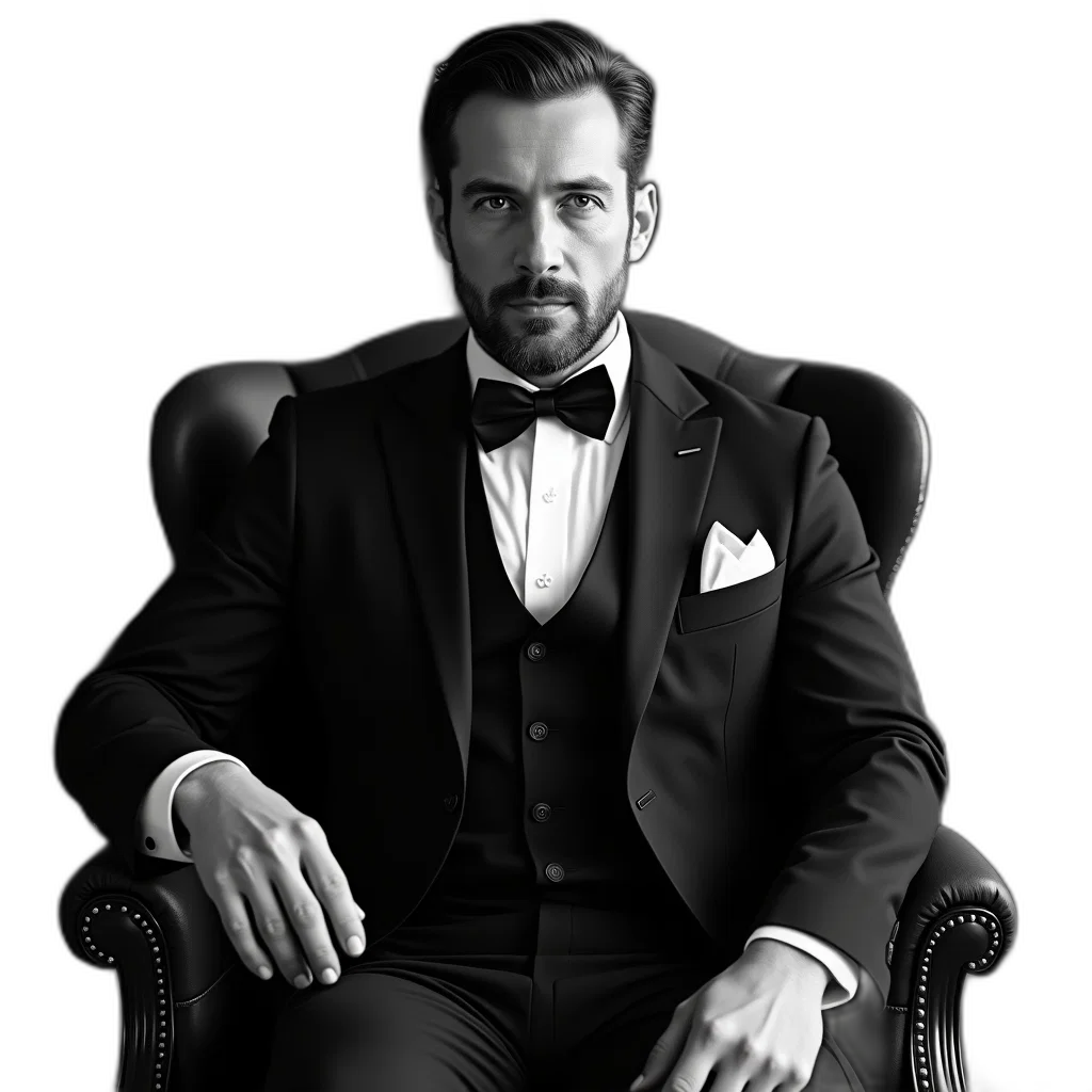 face, jacket, staff, furniture, photorealistic, black, white, photograph transparent PNG cut-out